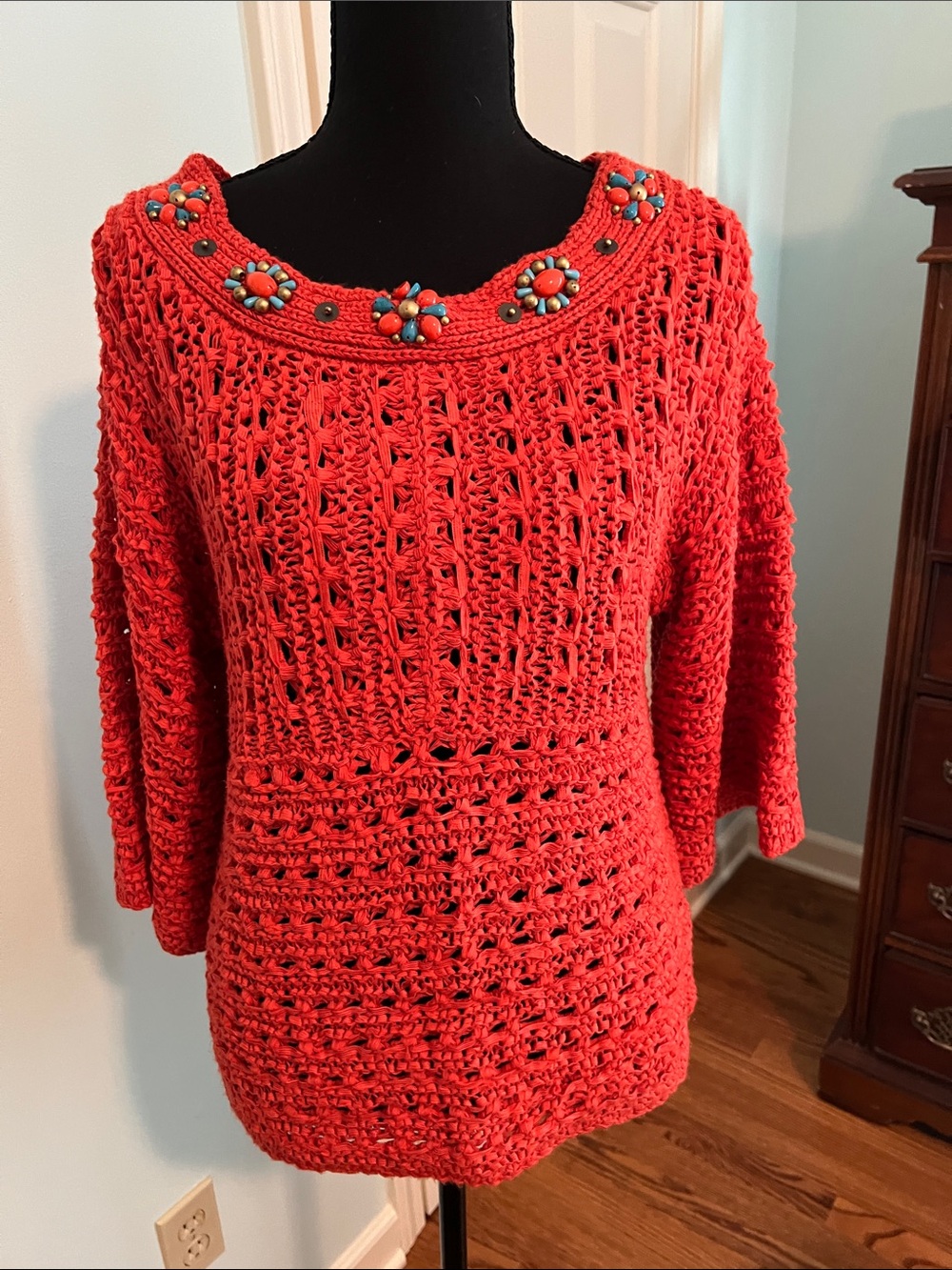 Ruby Rd Deep Orange Crochet Scoop Neck Sweater with Beaded Trim